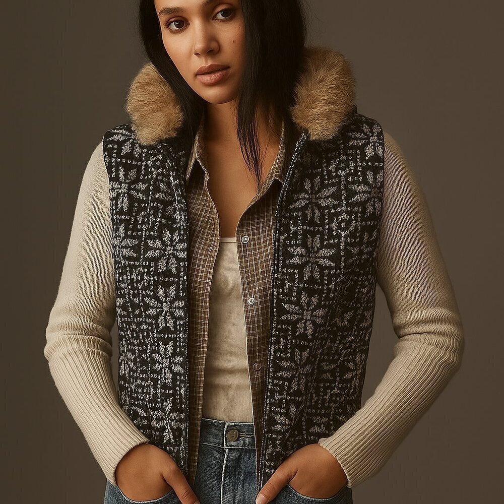 Talbots Fair Isle Knit Zip Vest with Faux Fur Hood | Size Small